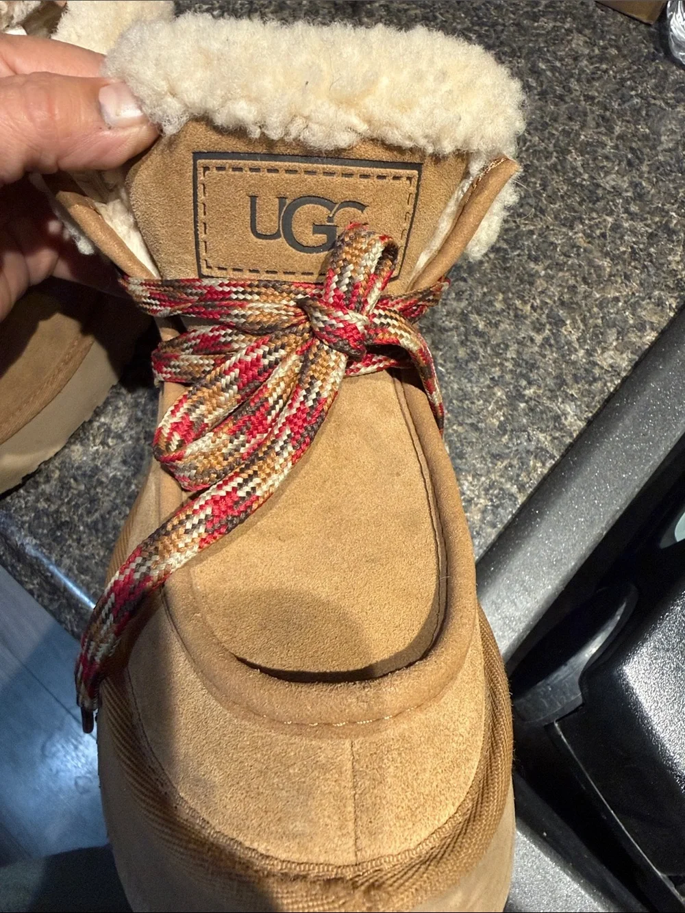 UGG Chestnut Suede Shearling Lace-Up Winter Boots with Multicolor Laces